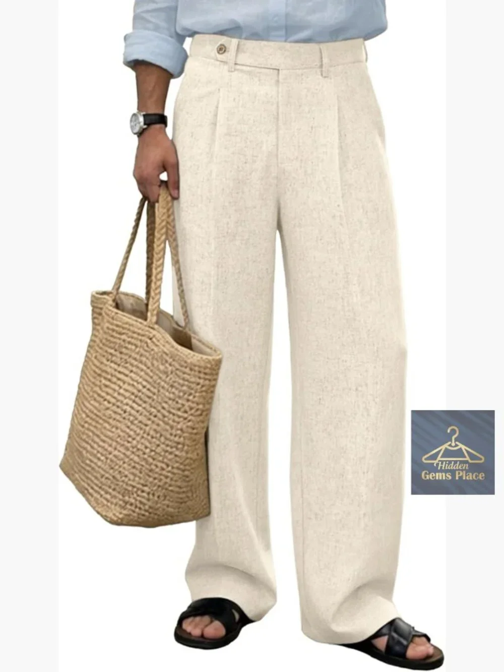 Mens Linen Pleated Wide Leg Dress Pants Baggy Relaxed Fit Trousers